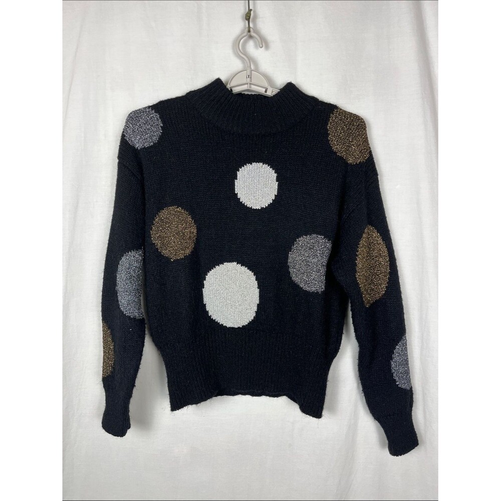 Liz Claiborne Collection 1980s Black Silver Gold Metallic Polka Dot Sweater